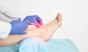 Lekarz w rękawiczkach podaje zastrzyk w okolicy kostki. Może to być terapia biolevox.