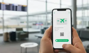 Ręka trzyma smartfon z potwierdzeniem odprawy online. Na ekranie widnieje imię i nazwisko, numer lotu, bramka oraz kod QR.