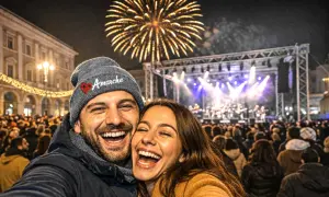 Coppia felice festeggia il capodanno a Civitanova Marche tra fuochi d'artificio e musica dal vivo.