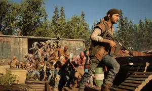 W grze Days Gone czas gry to walka o przetrwanie. Deacon z karabinem mierzy w hordę zombie wydostającą się z wagonu.