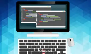 Monitor z kodem, klawiatura i myszka – to narzędzia do tworzenia w aplikacjach do programowania.