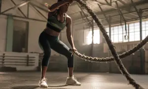 Donna concentrata durante un intenso allenamento con la corda in una palestra.