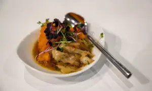 Ein köstliches Schmorkohl-Rezept: Gedünsteter Kohl mit karamellisierten Zwiebeln, serviert mit einem Klecks Kürbispüree und frischen Sprossen.