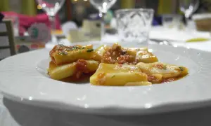 Paccheri co to? Duże, rurkowate makarony w sosie pomidorowym z ziołami, podane na białym talerzu.