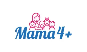Logo "Mama 4+" z uśmiechniętą mamą i czwórką dzieci. Symbolizuje dodatkowe 200 zł do emerytury za dzieci.