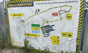 Mapa tymczasowa przebudowy stacji Warszawa Zachodnia. Informuje o trasie do Peronu 9 (10 min) i Peronów 1-8 (15 min).