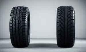 Zwei Reifen stehen nebeneinander. Links ein Reifen mit breiten Profilblöcken, rechts ein Reifen mit feinerem, aggressiverem Profil. Der Unterschied zwischen radial und diagonal Reifen wird hier deutlich.
