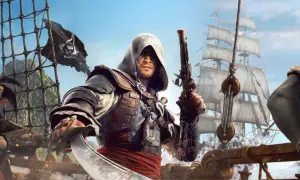 Piracki kapitan z pistoletem i szablą, na tle żaglowca i czarnej flagi. Wygląda jak z gry **black flag remake**.
