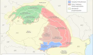 Mapa pokazuje podział Karpat na Karpaty Zachodnie, Wschodnie i Południowe, wraz z obniżeniami przykarpackimi.