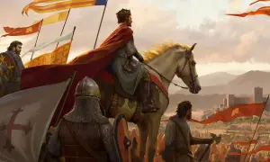 Król na białym koniu, w koronie i czerwonej pelerynie, prowadzi armię do bitwy. Flagi z krzyżami i zamkiem powiewają nad polem bitwy, zapowiadając epickie starcie w Total War: Medieval 3.
