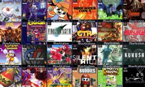 Kolaż okładek gier PlayStation z lat 90. i początku XXI wieku, m.in. Crash Bandicoot, Final Fantasy VII, Gran Turismo.