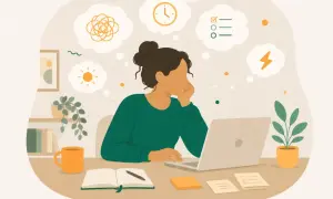 En person vid ett skrivbord med en laptop, tankebubblor visar kaos, sol, tid och en att-göra-lista. Känslan av adhd på jobbet.