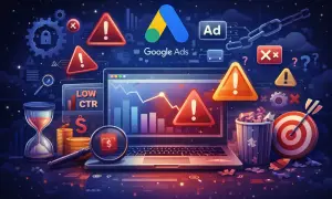 Problemy z kampaniami ads: niski CTR, ostrzeżenia, kosz na śmieci. Analiza danych na laptopie.