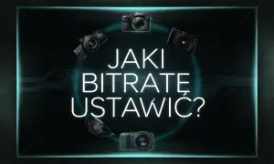 Jaki bitrate do 1080p? Pięć aparatów otacza neonowy napis, sugerując wybór ustawień dla idealnego obrazu.