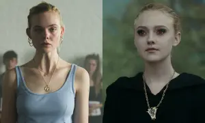 Dakota Fanning w filmach i serialach: po lewej w błękitnym topie, po prawej jako wampirzyca z czerwonymi oczami.