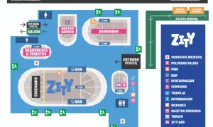 Mapa del concierto Espacio Zity: escenario, bares, zonas de restauración, accesos y servicios.