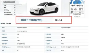 Tesla Model Y Long Range: 공차중량 1,990kg, 1회충전전력량 89.64kWh.