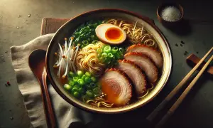 Apetyczny ramen z makaronem, plastrami wieprzowiny, jajkiem i szczypiorkiem. Idealne dodatki do ramenu, by wzbogacić smak.