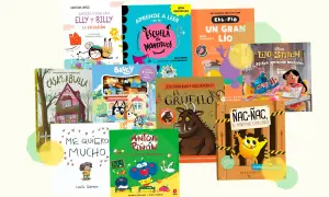 Colección de cuentos para niños de 5 años con personajes como El Grufalo, Bluey y Stitch, ideales para aprender a leer.