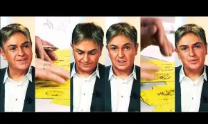 Claude Alexis, prénom, est montré dans plusieurs vignettes, manipulant des cartes jaunes.