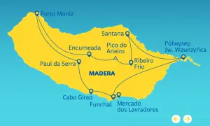 Mapa Madery z zaznaczonymi trasami i miejscami: Porto Moniz, Santana, Funchal. Madera leży na oceanie.