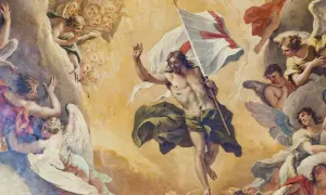 Jezus, wskrzeszony przez Jezusa, triumfalnie unosi sztandar z krzyżem, otoczony przez chóry aniołów.