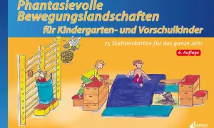 Kinder erkunden eine fantasievolle Bewegungslandschaft im Kindergarten. Bienen und ein Bär sind Teil des Spiels.