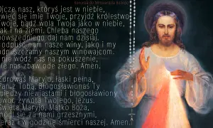 Obraz Jezusa Miłosiernego z modlitwą "Ojcze nasz" i "Zdrowaś Maryjo". Modlitwa za samobójców, o Boże miłosierdzie.