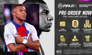 Kylian Mbappé w koszulce PSG na plakacie FIFA 21. Dowiedz się, ile kosztuje FIFA 21 i jakie bonusy oferuje edycja mistrzowska.