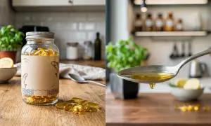 Słoik kapsułek omega 3 i łyżka z płynnym olejem. Dowiedz się, na co omega 3 i jak je stosować.