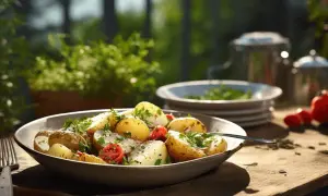 En skål med fransk potatissallad, toppad med färska örter och körsbärstomater, står på ett träbord utomhus.