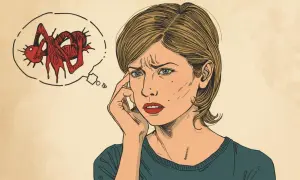 Una donna pensierosa con un pensiero inquietante: cosa sono i pensieri ossessivi? Un'immagine che evoca ansia.