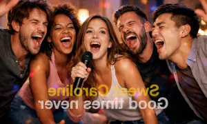Fünf Freunde singen lautstark Karaoke in einer Bar. Sie haben sichtlich Spaß und lachen.