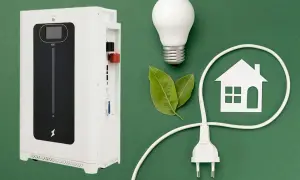 Biały magazyn energii bez fotowoltaiki, żarówka, liście i symbol domu z wtyczką.