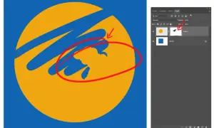 Un cerchio giallo con striature blu, evidenziato da un cerchio rosso e una freccia. Pannello Livelli di Photoshop con una maschera di livello attiva.