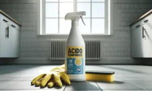 Flacone di acido tamponato per wc, guanti gialli e spugna su un pavimento piastrellato.