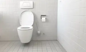 Bagno bianco con WC aperto. Si nota una piccola macchia d'acqua sul pavimento, forse il galleggiante wc perde acqua.