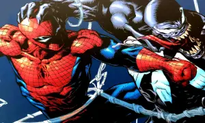 Spider-Man walczy z Venomem, który ma wywieszony język i ostre zęby.