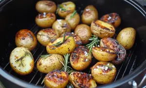 Saftige Rosmarinkartoffeln mit grobem Salz auf einem Grillrost. Die Kartoffeln sind goldbraun und leicht angekohlt, mit frischen Rosmarinzweigen dazwischen.