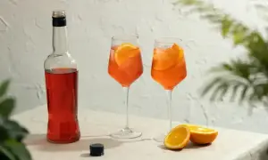 Butelka Aperolu, dwa drinki z pomarańczą i lodem, pomarańcze. Idealny aperol spritz przepis na lato.
