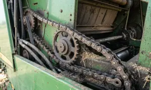 Wnętrze zielonej maszyny rolniczej z widocznymi przekładniami łańcuchowymi, zębatkami i paskami napędowymi, pokryte kurzem i resztkami słomy.