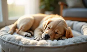 Słodki szczeniak golden retrievera śpi głęboko w swoim legowisku. Czy szczeniaki dużo śpią? Tak, ten maluch potwierdza!