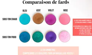 Comparaison de fards : bleu, vert, violet, rose. Deux rangées montrent des couleurs pour sous-ton chaud et sous-ton froid.