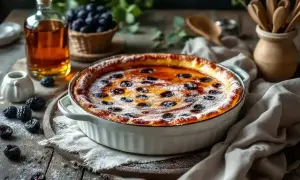 Un délicieux far breton aux myrtilles, façon Cyril Lignac, saupoudré de sucre glace. Une gourmandise à savourer.
