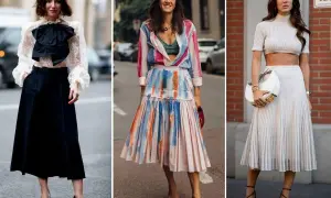 Eleganckie plisowane spódnice w stylizacjach: czarna midi z koronkową bluzką, kolorowa z wzorem akwareli, biała prążkowana z krótkim topem.