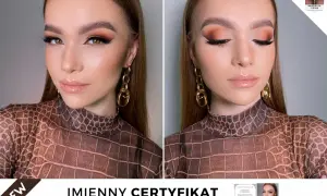 Makijaż foxy eyes z kocim spojrzeniem, podkreślony brązowymi cieniami i wyraźną kreską. Ukończony kurs makijażu.