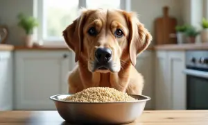 Złoty retriever patrzy na miskę z kaszą gryczaną, zastanawiając się, czy pies może jeść kaszę gryczaną.