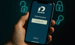 En hand håller en mobil med BankID-appens inloggningsskärm. Frågan "hur många BankID kan man ha" dyker upp i tankarna när man ser symboler för säkerhet.
