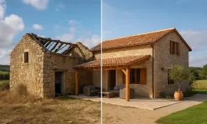 Prima e dopo: una casa di campagna in rovina trasformata in un'abitazione accogliente con tetto nuovo e portico.