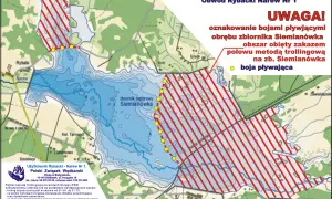 Mapa zbiornika Siemianówka z zaznaczonym obszarem zakazu trollingu. Obwód Rybacki Narew Nr 1 PZW Ujazd.